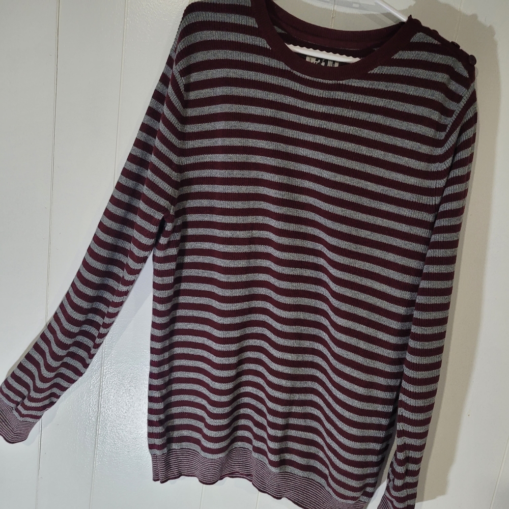 Le 31 Simons Men's Striped Maroon and Gray Sweater 100% Cotton